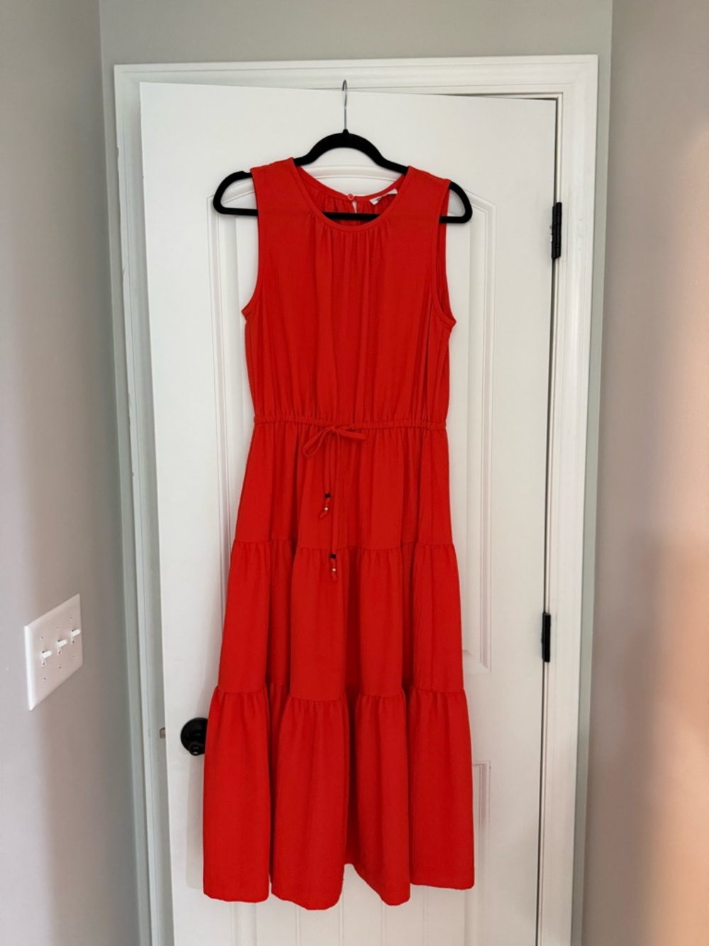 Calvin Klein Red-Orange Sleeveless Tiered Drawstring Maxi Dress